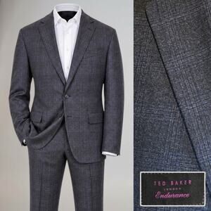 Ted Baker Mens 50XL 42x31 Charcoal Gray Purple Plaid Flannel Designer Suit